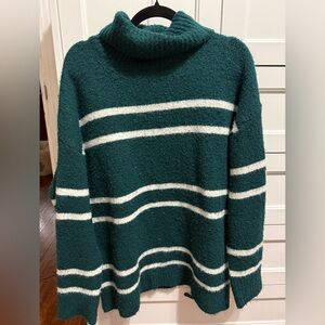 Cozy Green and White Striped Turtleneck Sweater